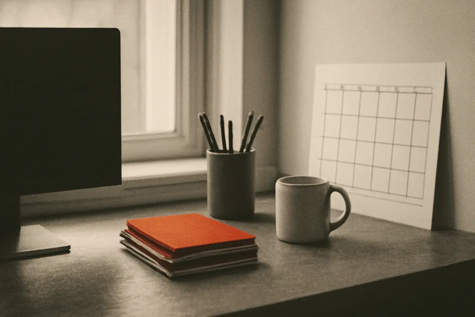The find-seo studio desk by a window, with notebooks and a mug.
