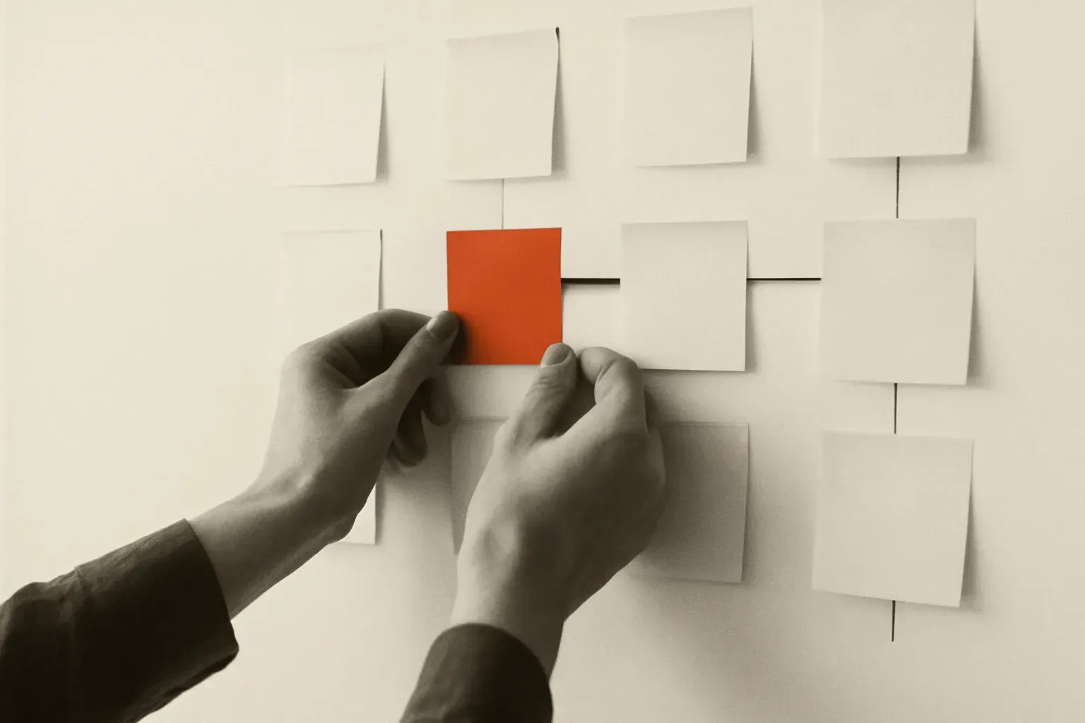 Hands placing sticky notes on a whiteboard.