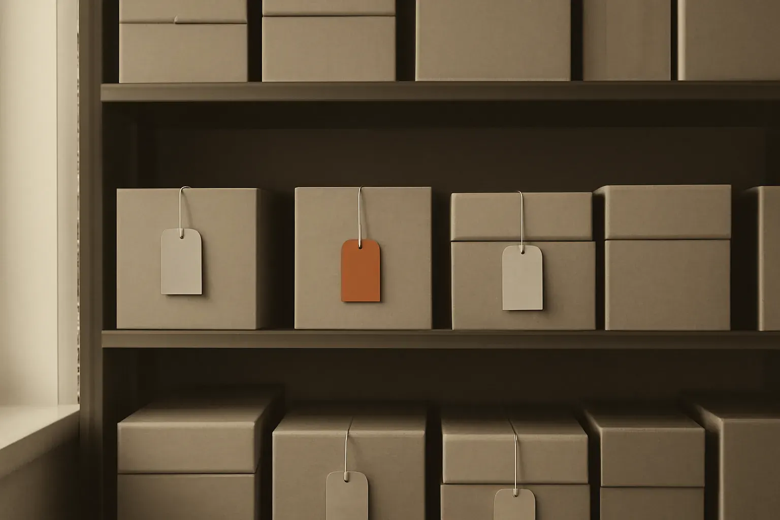 Shelves of product boxes with tags.