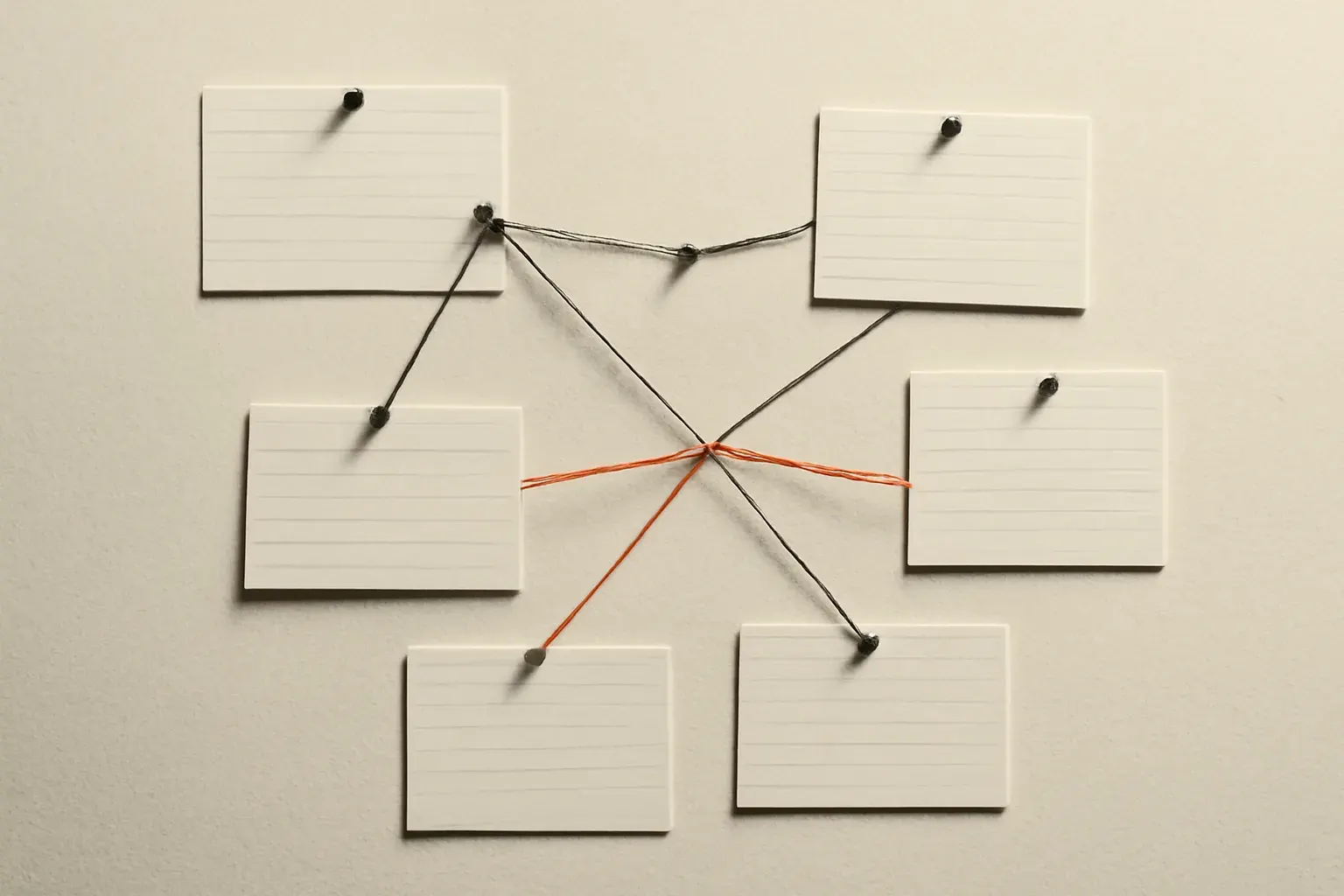 Index cards connected with string on a board.