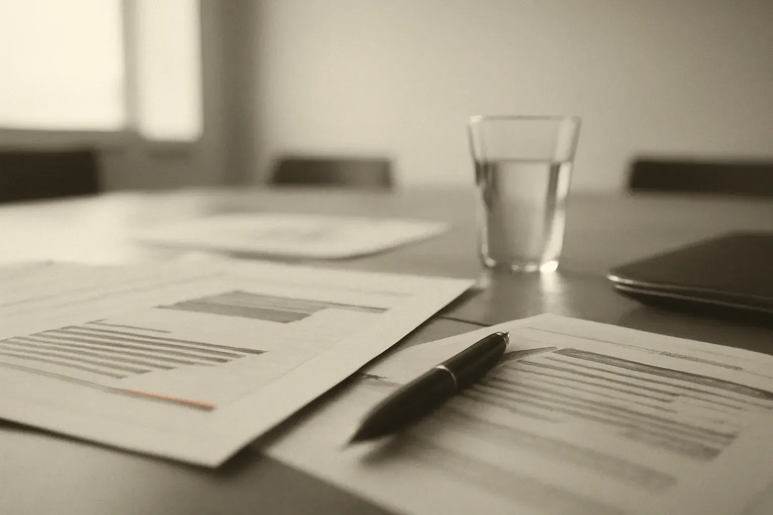 A conference table with papers and the edge of a laptop.