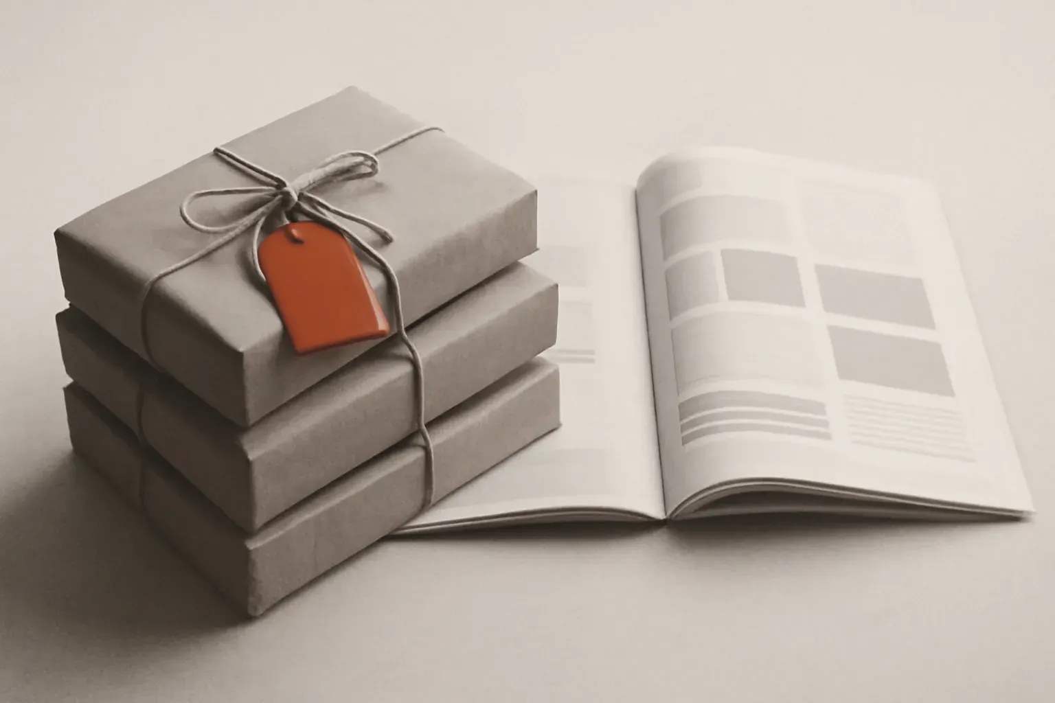 Packed parcels and an open catalogue.